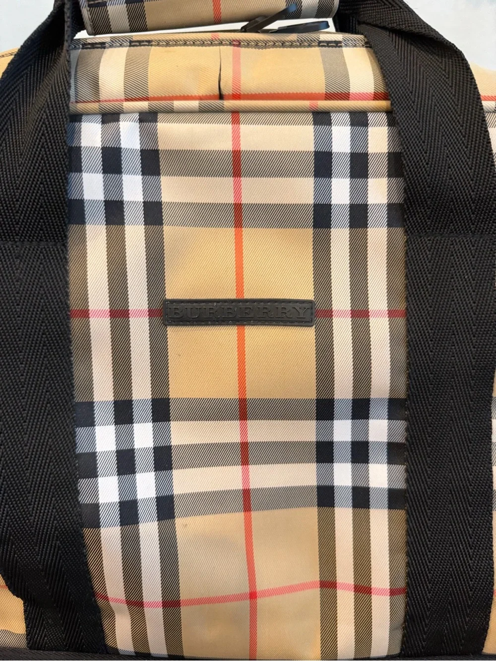 Burberry Beige Plaid Duffel with Black Base and Straps